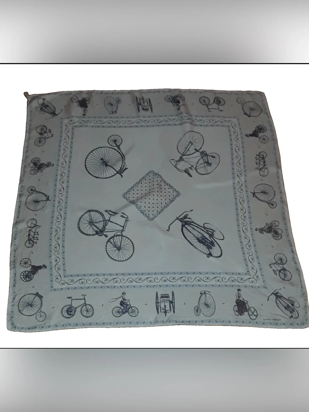 Vintage Laura Ashley Made In Italy 100% Silk Ivory Scarf w/ Black Bicycle Motif